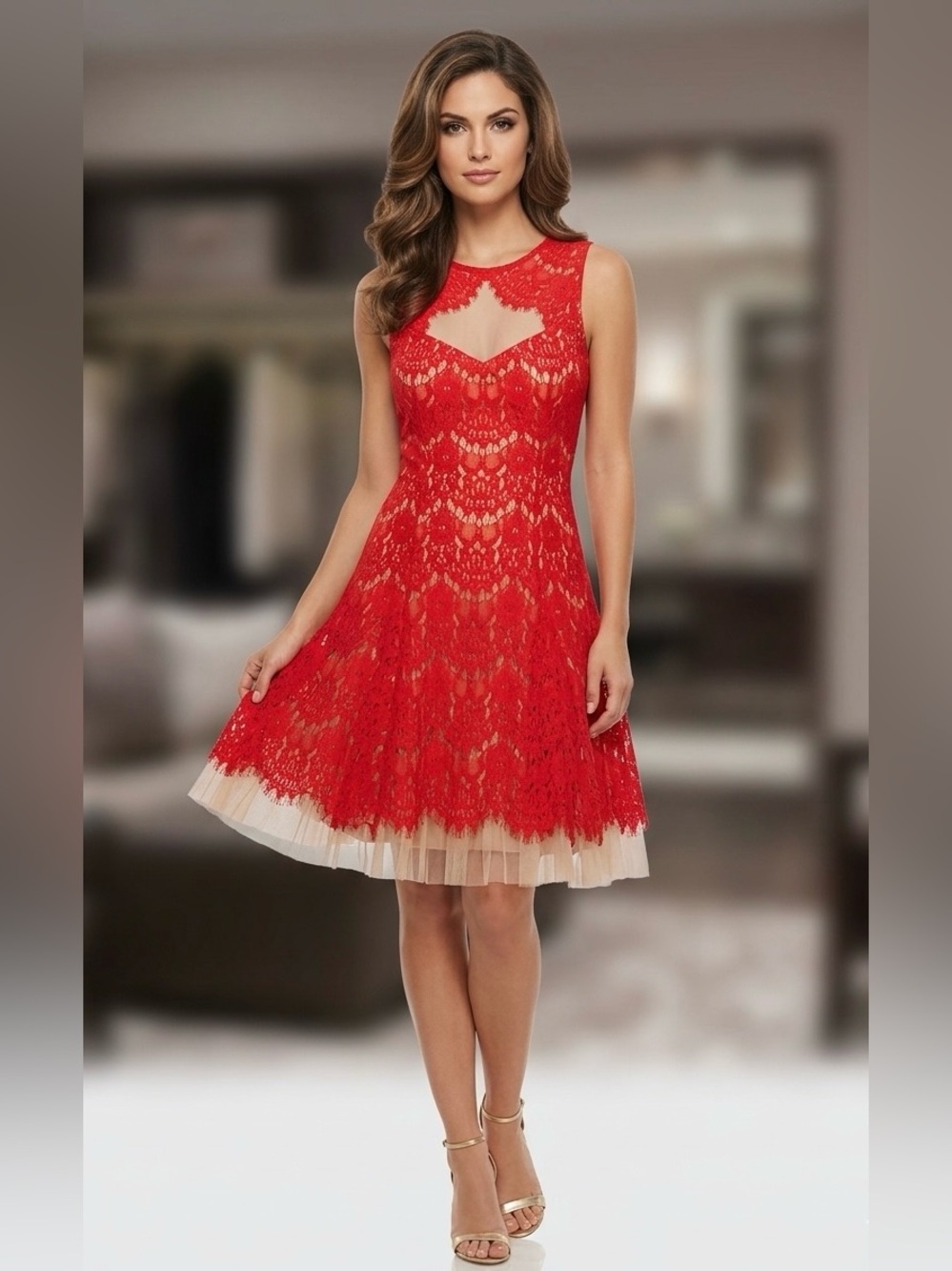 Betsy & Adam - Red lace & sheer mesh dress